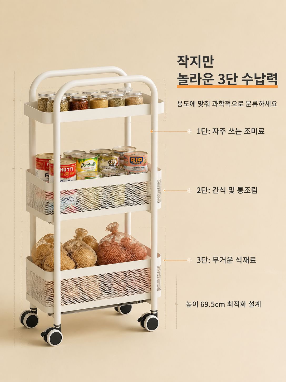 야채와 과일을 담은 주방 바구니 선반