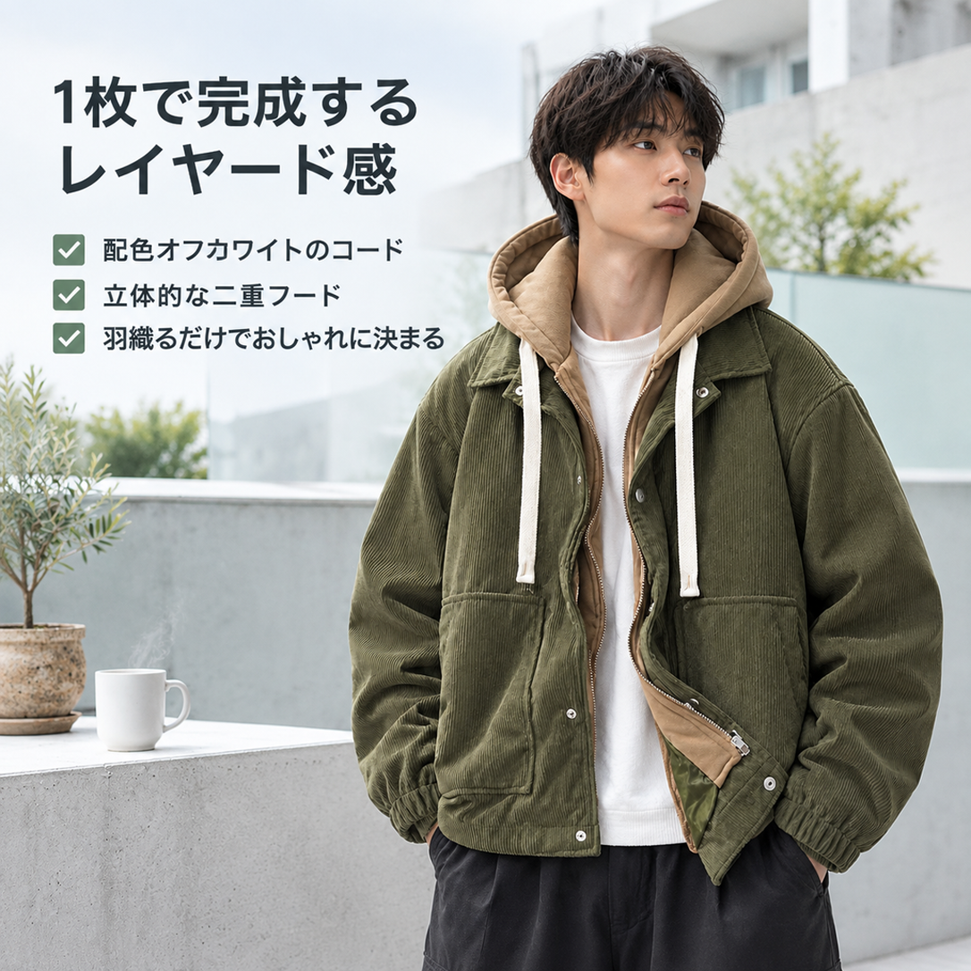 和風のおしゃれなカップル用コーデュロイフード付きジャケット、秋冬用、フリース裏地付きで厚手、メンズのフェイクツーピーススウェットシャツ、香港スタイルのジャケット。