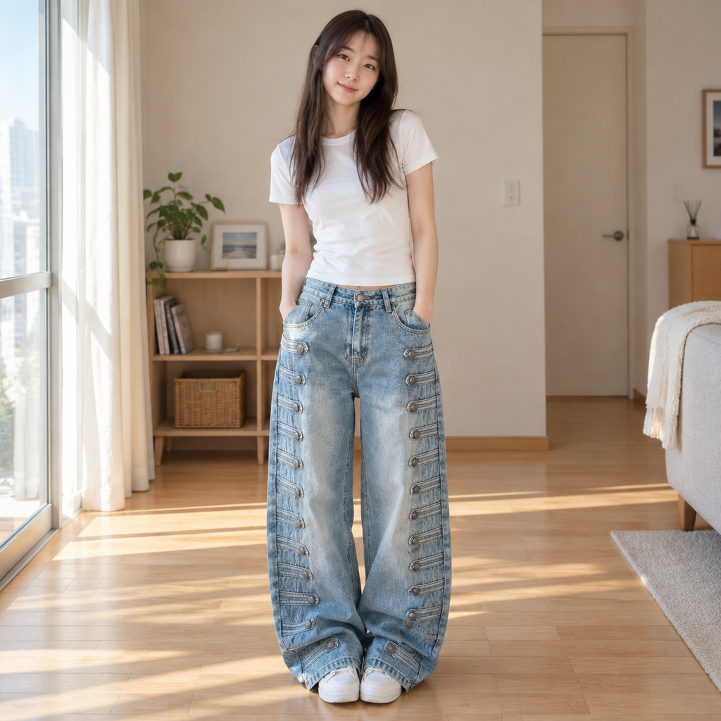 美式拿破仑宫廷风牛仔裤女新款金属扣小众设计感宽松弯刀阔腿长裤