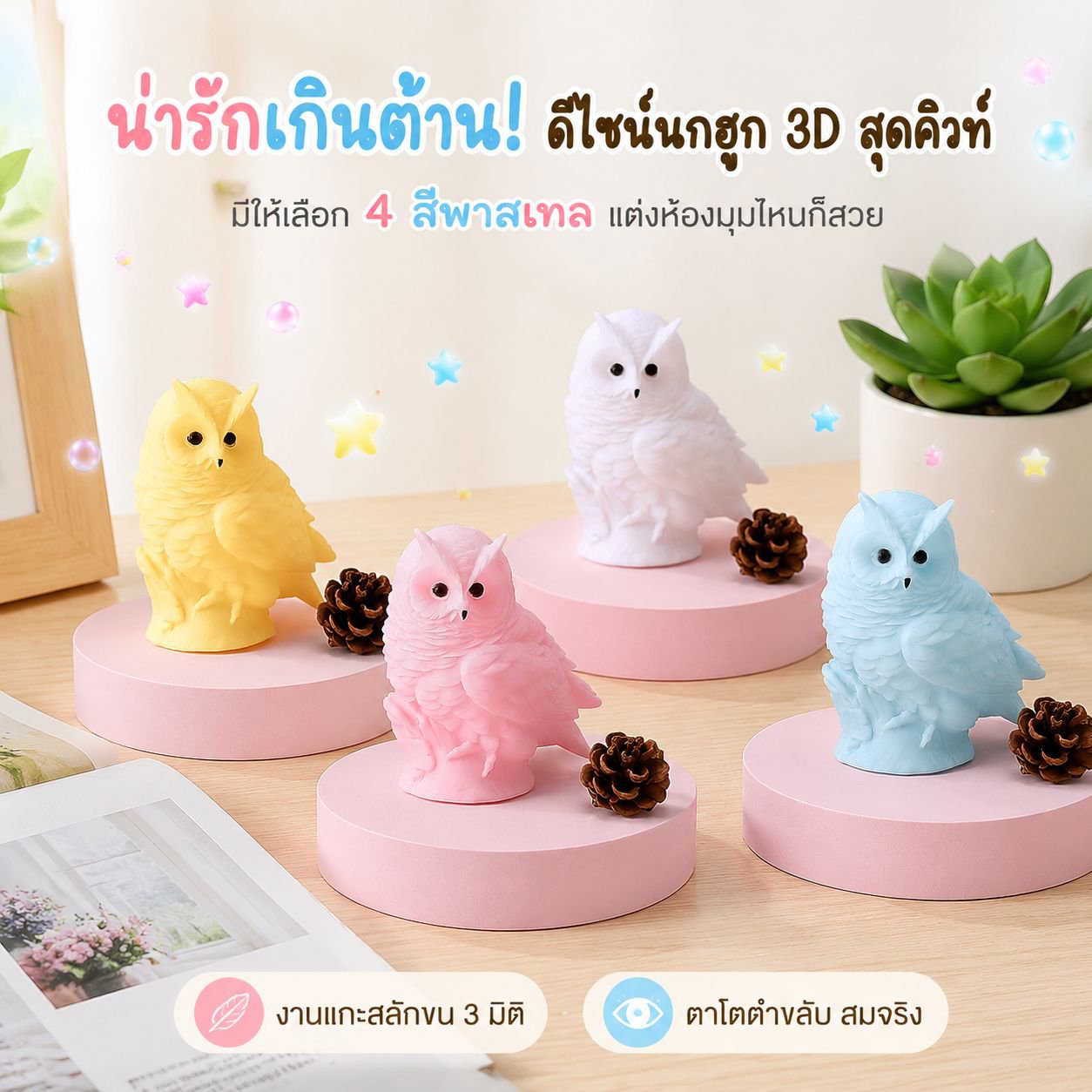 โคมไฟนกฮูกการ์ตูนข้างเตียง ทำจากเรซิน ตกแต่งบ้าน
