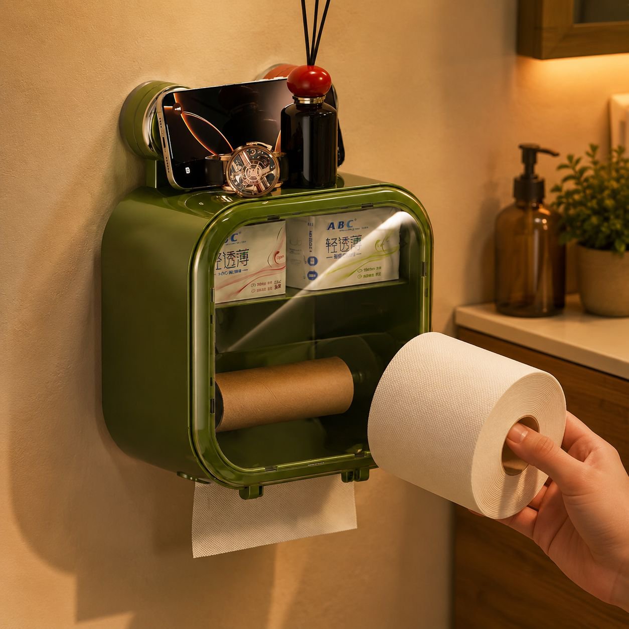 Wall mounted toilet paper organizer with extra storage