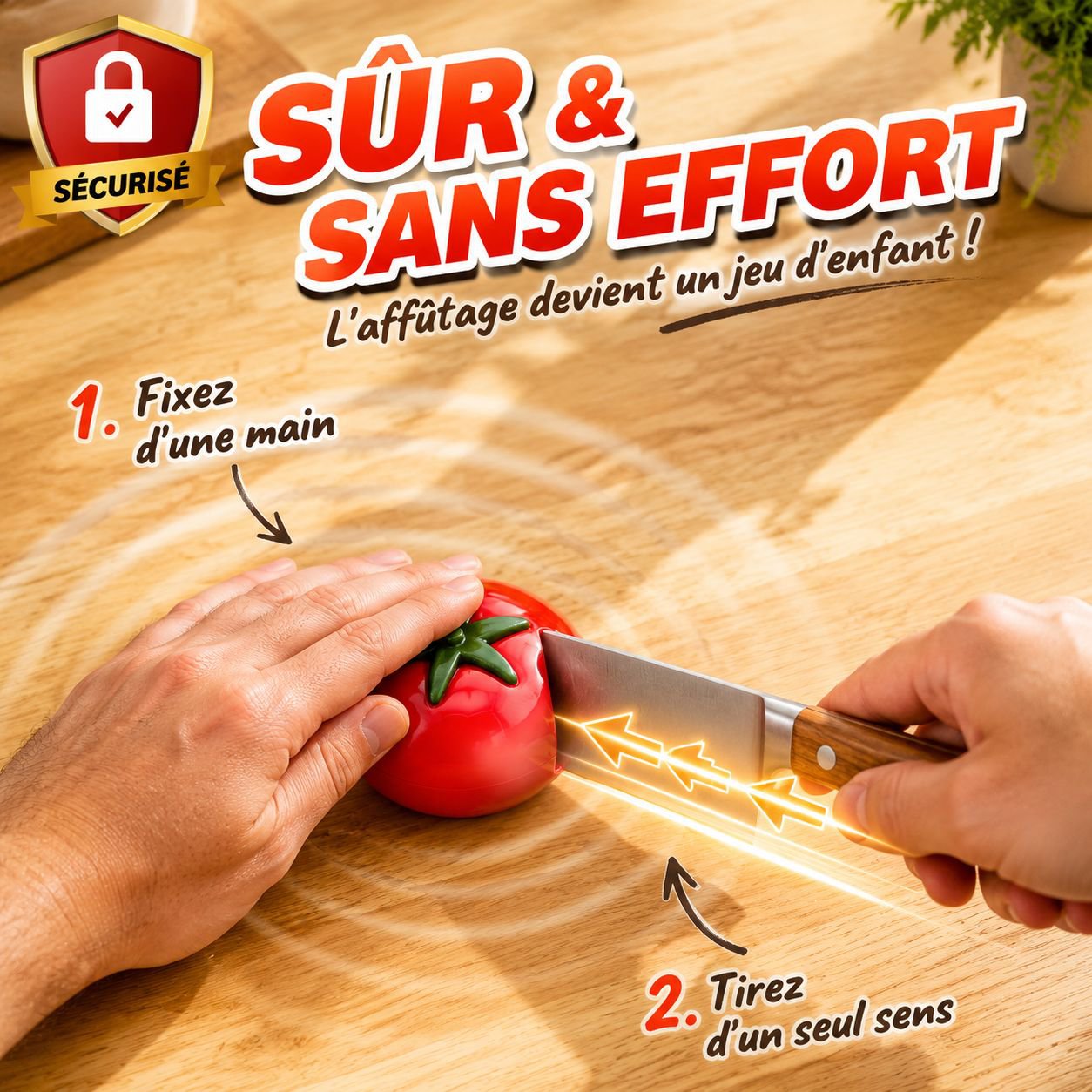 Aiguiseur manuel de couteaux design tomate, accessoire portable pour cuisine