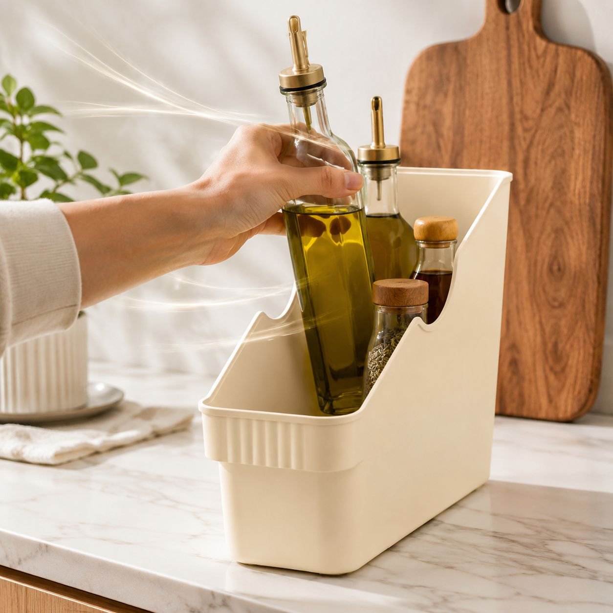 Plastic kitchen organizer for bottles and knives on countertop