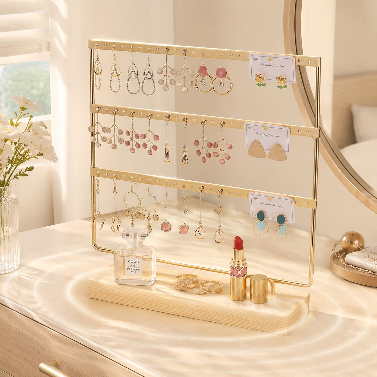 Jewelry display rack, solid wood and wrought iron earring holder, home earring storage, jewelry rack