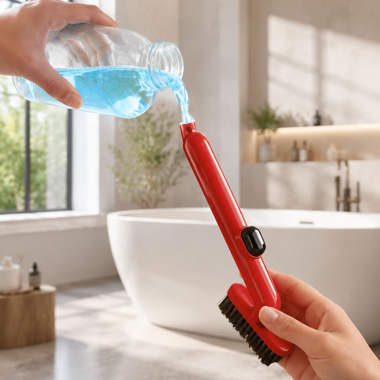 Brosse de nettoyage pour fentes de salle de bain avec réservoir à liquide