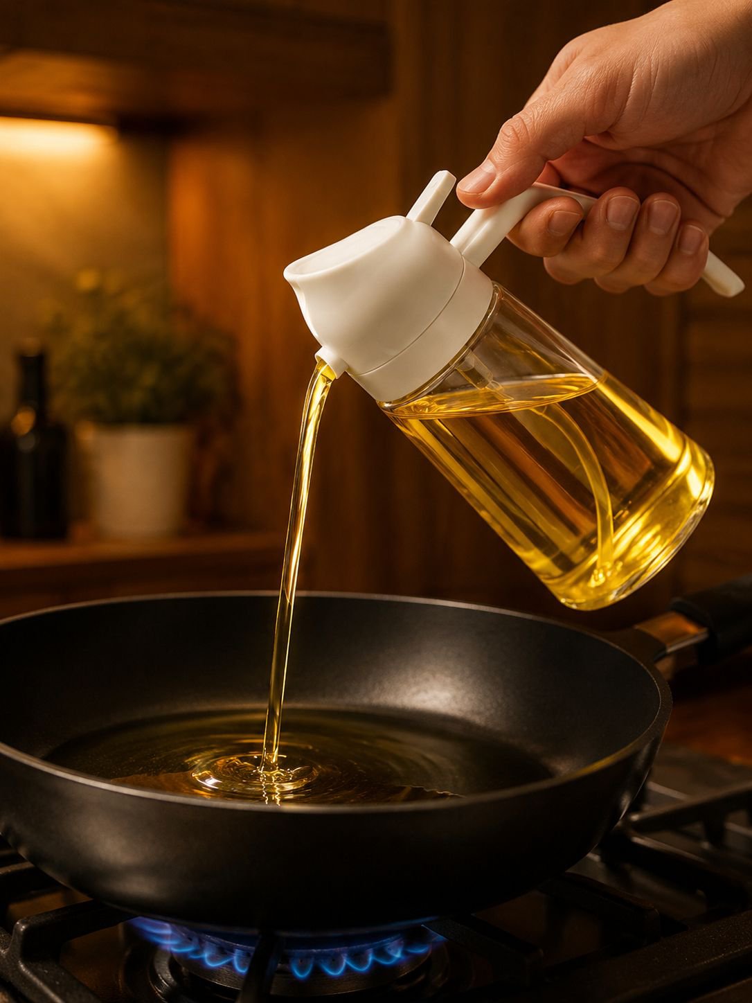 Hand using olive oil sprayer on salad