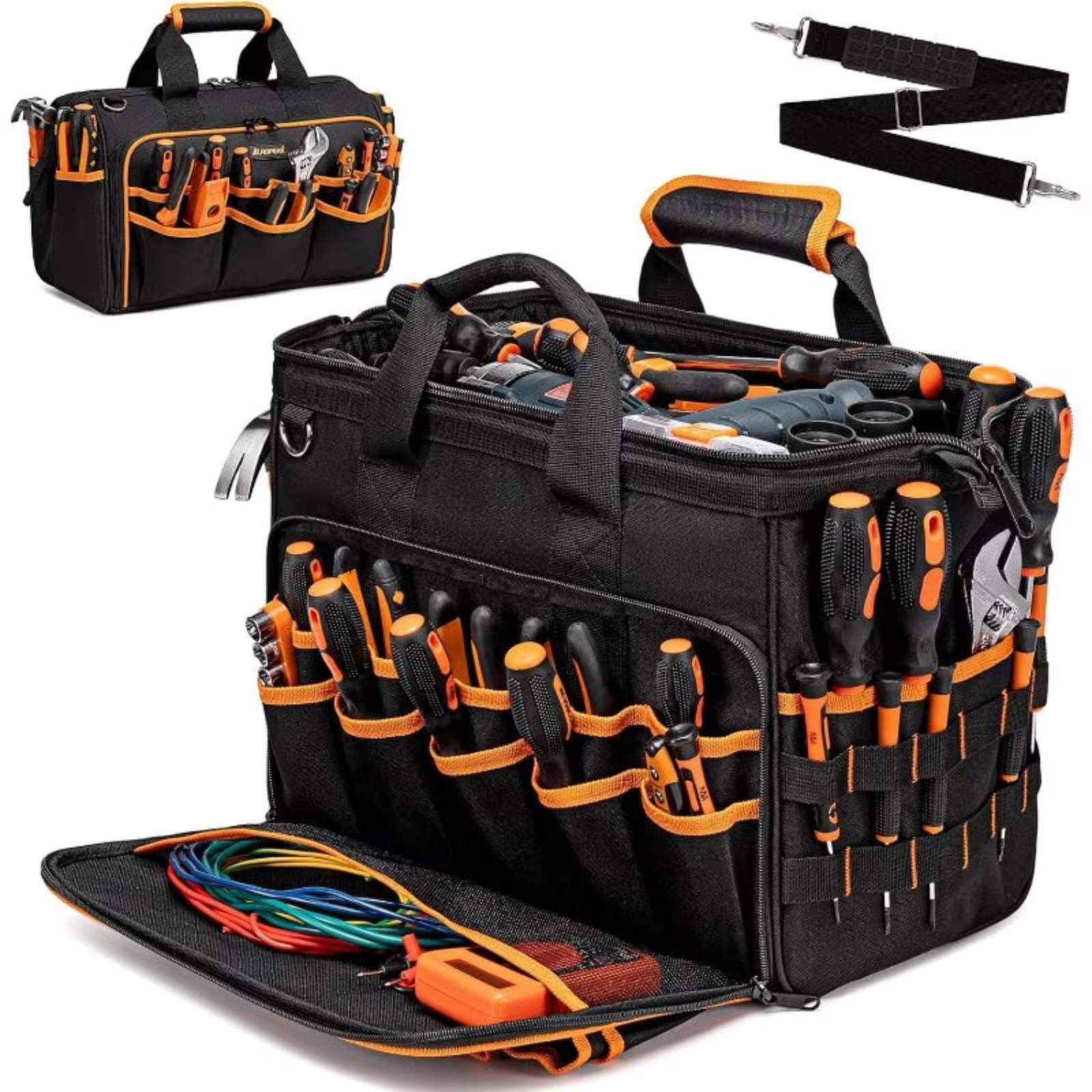 17-inch Heavy Duty Electrician Bag for Men, Foldable Wide-Mouth Storage Bag with Adjustable Shoulder