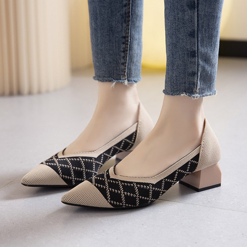 日韓氣質針織尖頭粗跟單鞋 女士淺口工作鞋