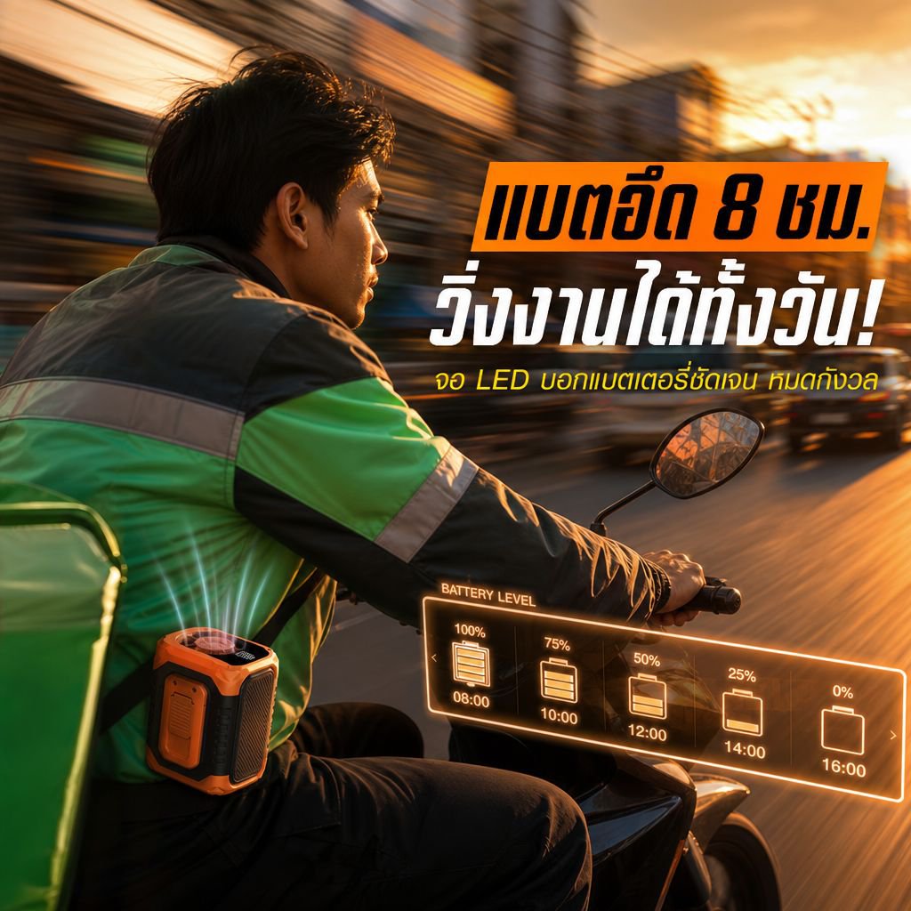 พัดลมพกพาติดเอวสำหรับไซต์งาน ลมแรง เย็นสบายกลางแจ้ง
