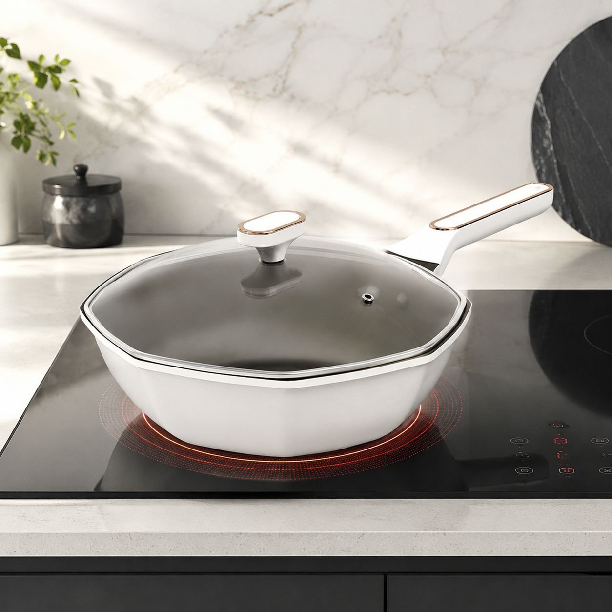 Frying pan with spill-proof rim on a stove