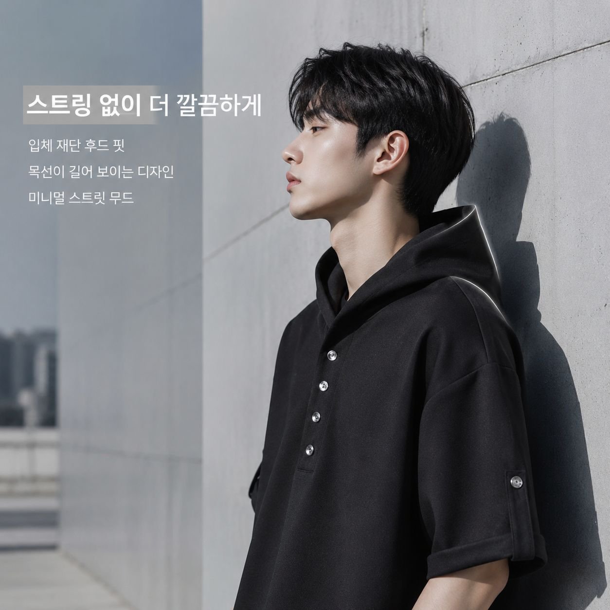 솔리드 컬러 3D 입체 이미지 홍콩 스타일 오버핏 후드 반팔 티셔츠