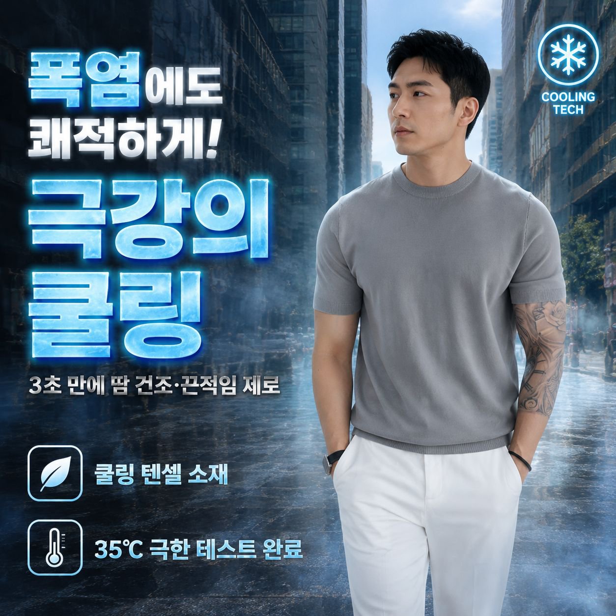 텐셀 남성 쿨링 통기성 슬림 반팔 하이넥 티셔츠