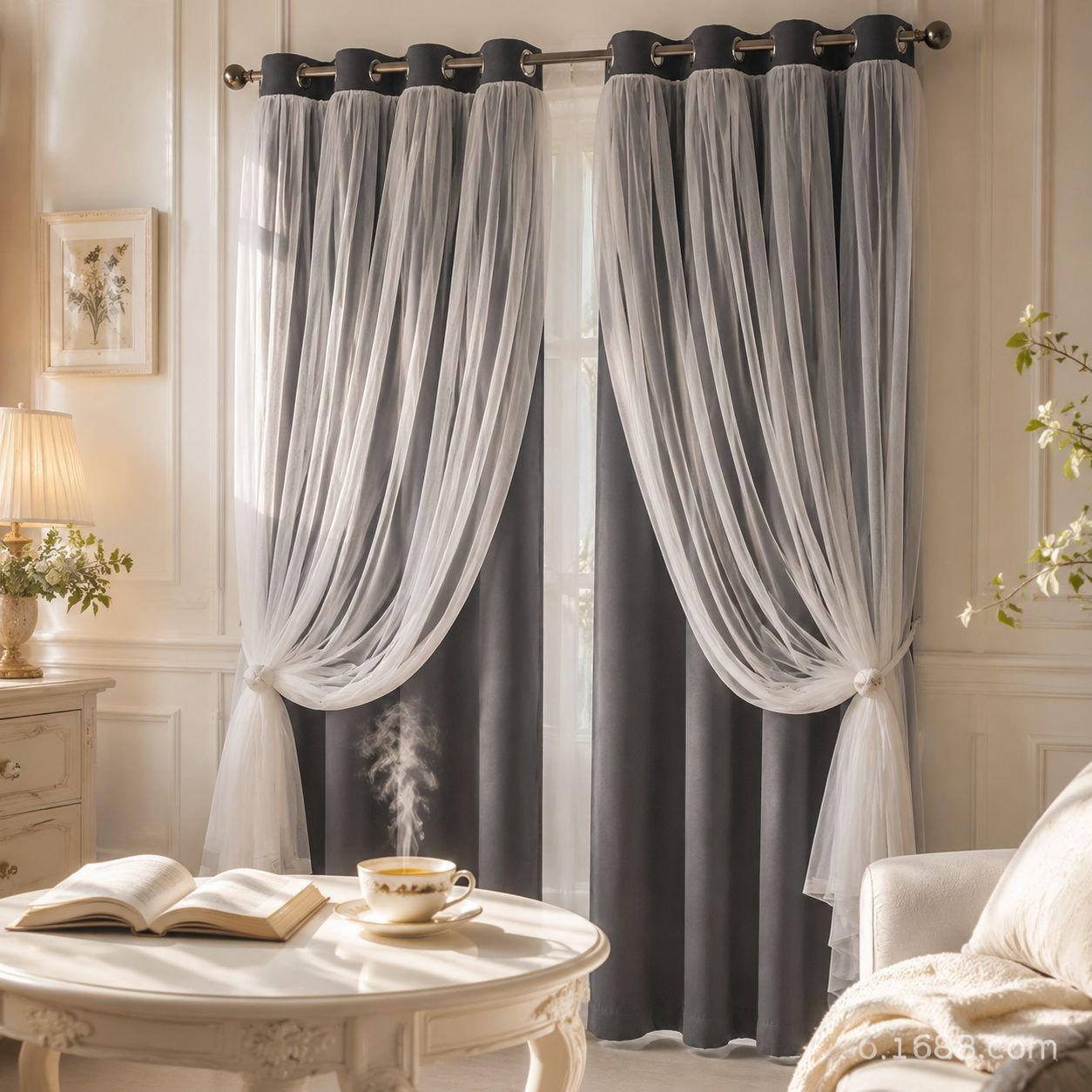 Finished Double Layer Blackout Curtain with Lace Trim