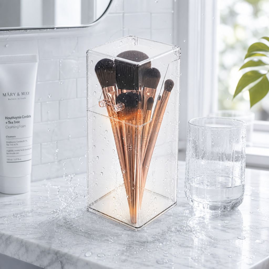 Flip-top acrylic pen holder, transparent square desktop organizer, mirror cabinet makeup brush stora