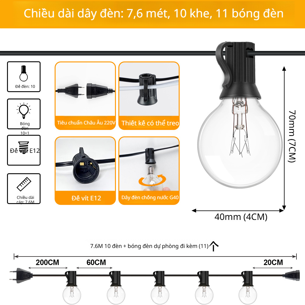 Đèn chiếu sáng ngoài trời chống nước đèn dây trang trí tiêu chuẩn Châu Âu