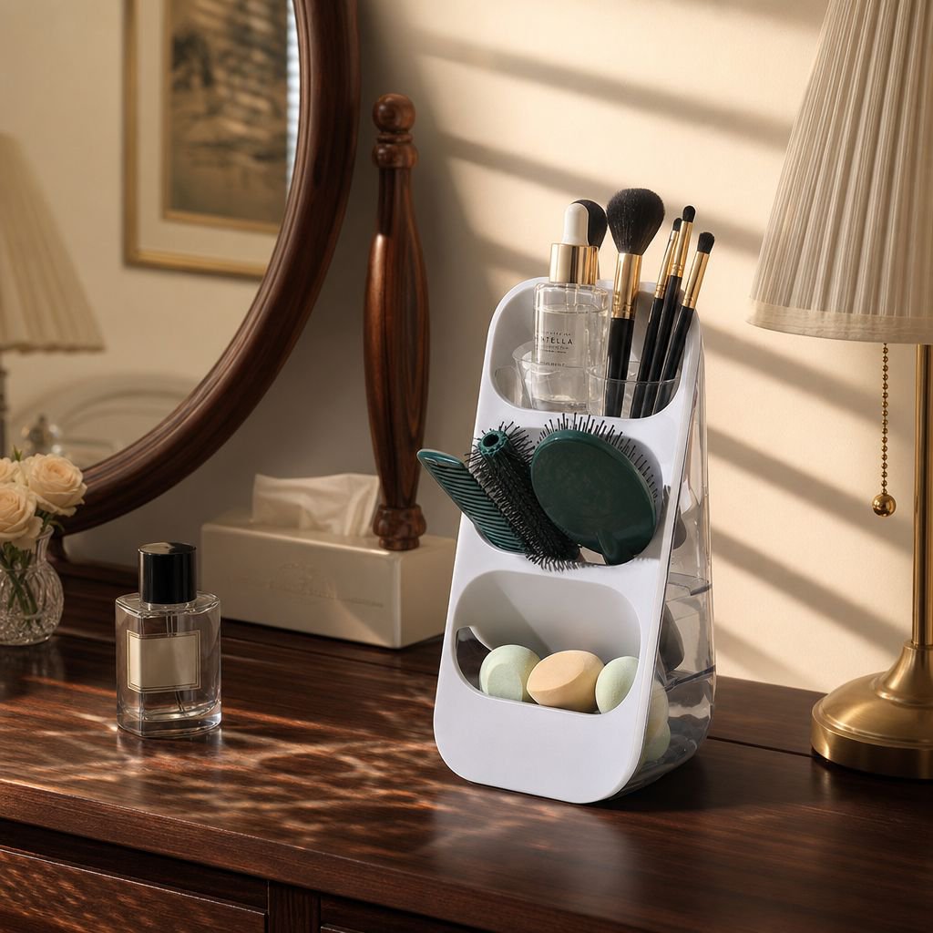 Multi-Purpose 3-Tier Desktop Storage Box for Makeup Brushes, Utensils, and Stationery