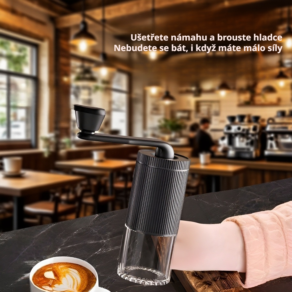 Ruční mlýnek na kávu s nastavitelnou klikou, snadno čistitelný a přenosný