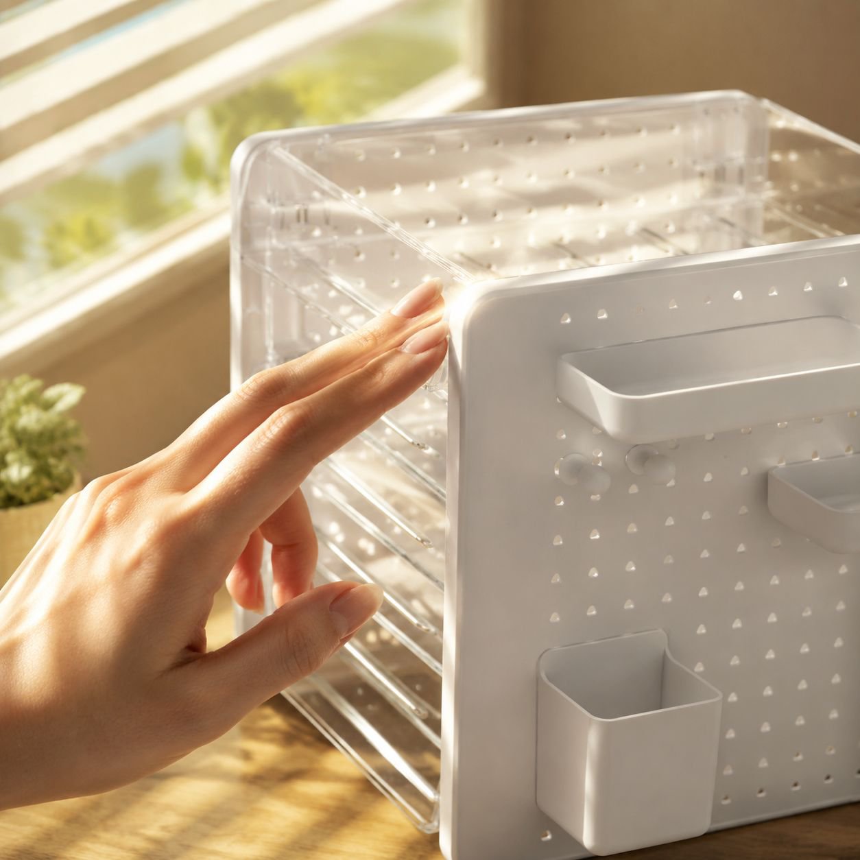 White desk organizer box on a modern workspace