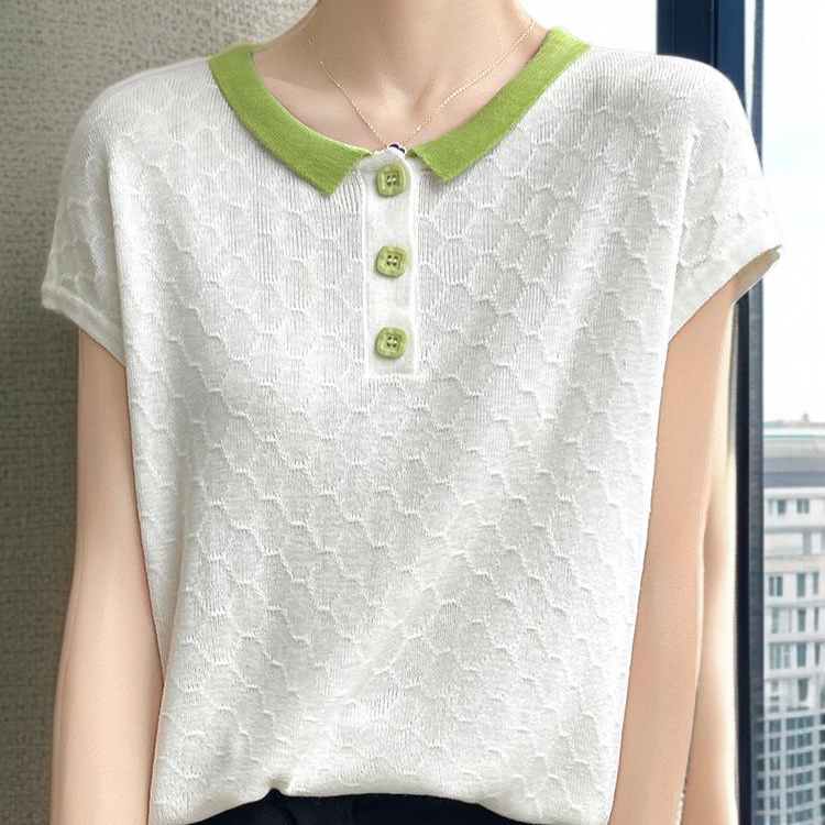 여성 니트 자카드  반팔 티 로우 니트 터틀넥 니트