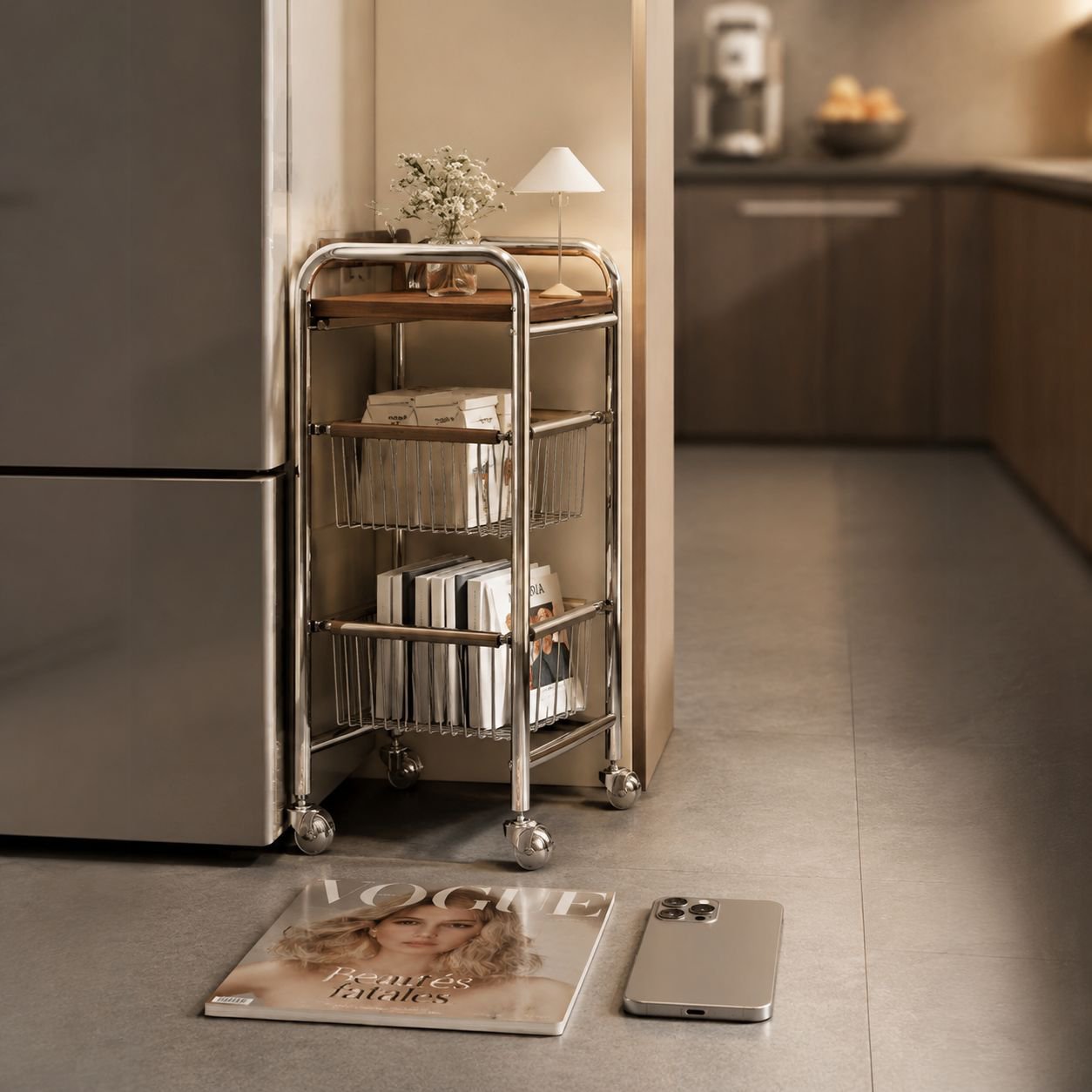 Multi-layer vintage kitchen narrow storage trolley, pull-out refrigerator side rack