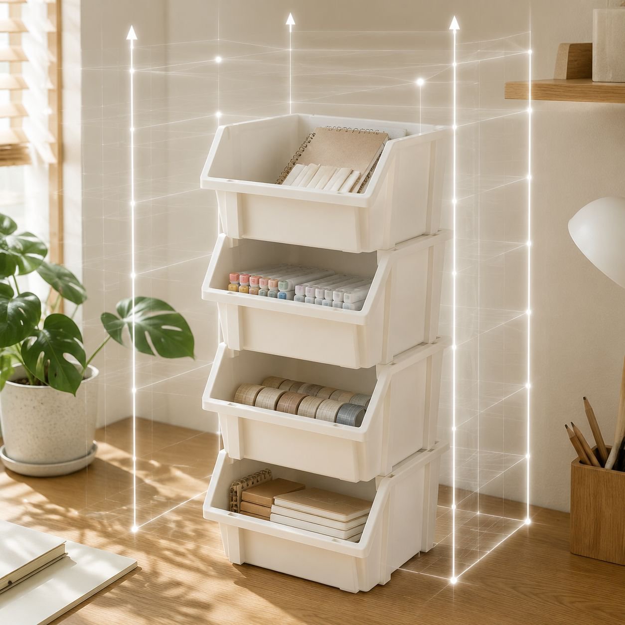 Multi-functional stackable storage baskets neatly arranged on a desk