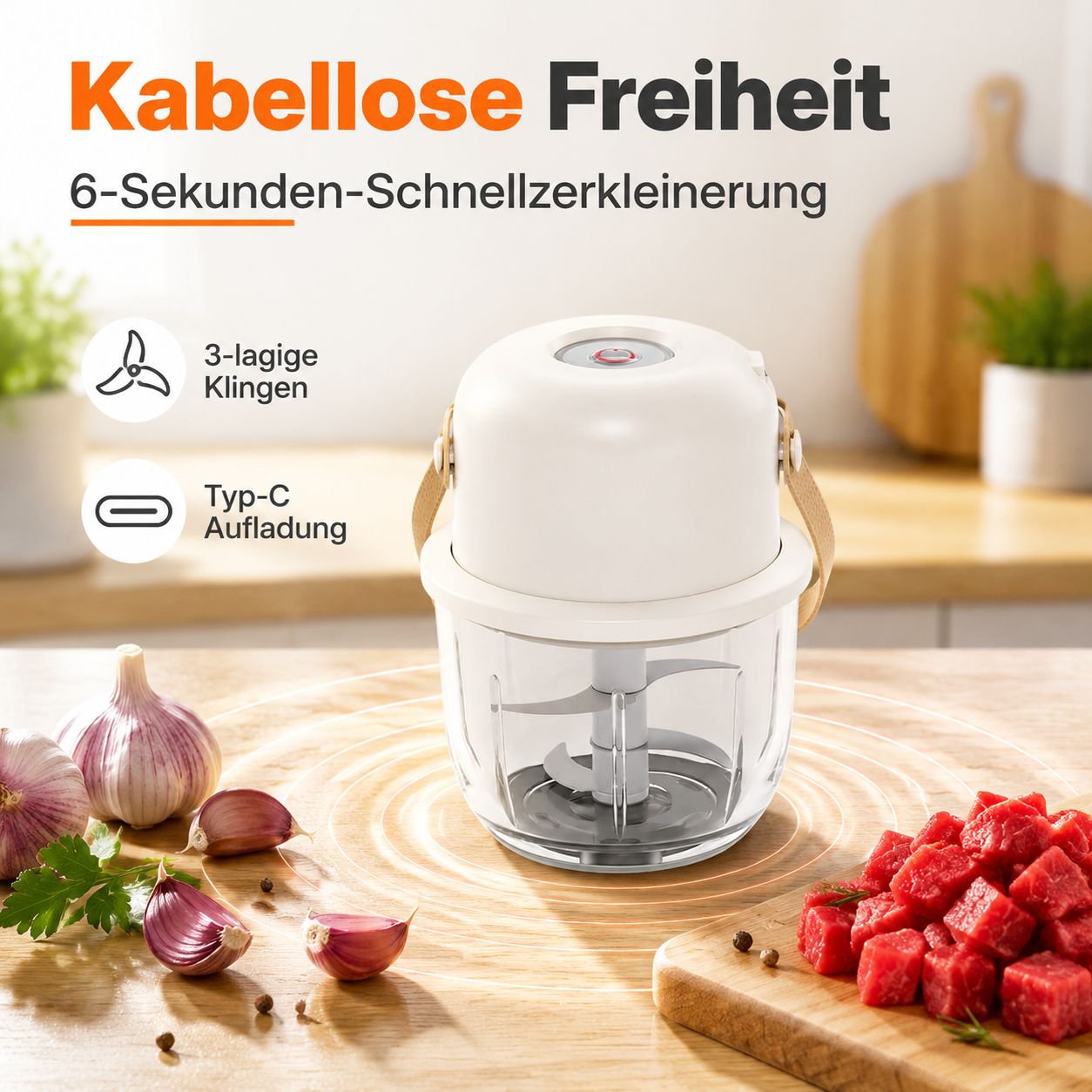 Kompakter Allzweckmixer zum Zerdrücken von Knoblauch und Hackfleisch