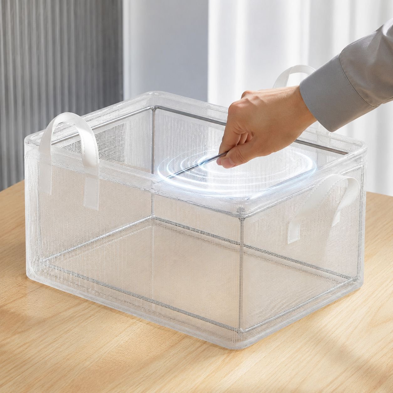 Stackable clear clothing organizer in a modern closet