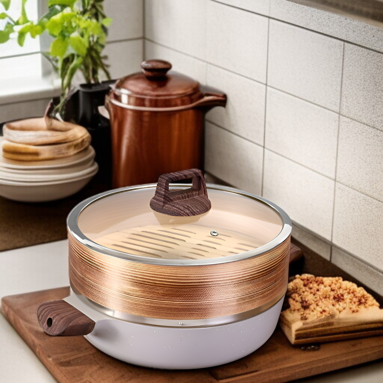 多目的家庭用蒸し器（IH/直火対応）蒸し器鍋、ノンスティック蒸し器、せいろセット、単層蒸し器（複数段重ね可能）、蒸し器鍋+蒸し器+蓋（3点セット）です。