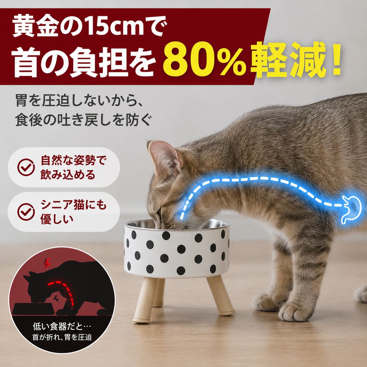 滑り止め＆倒れにくいペット用ハイスタンドステンレスボウル 猫犬兼用