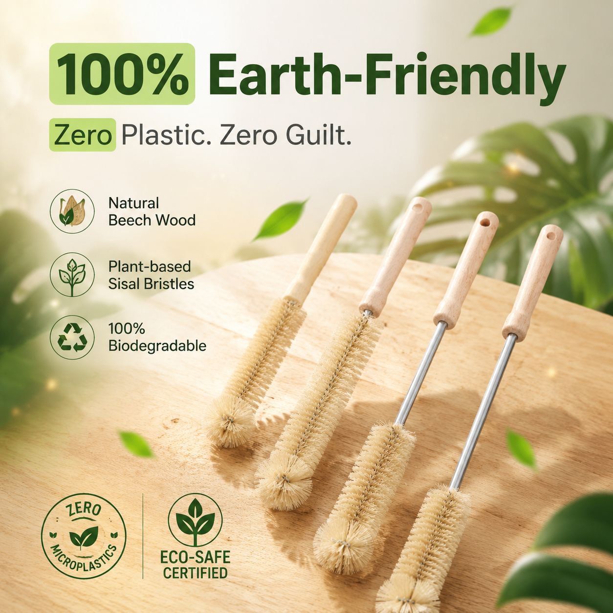 Long Wooden Handle Cleaning Brush for Bottles, Cups, and Glassware