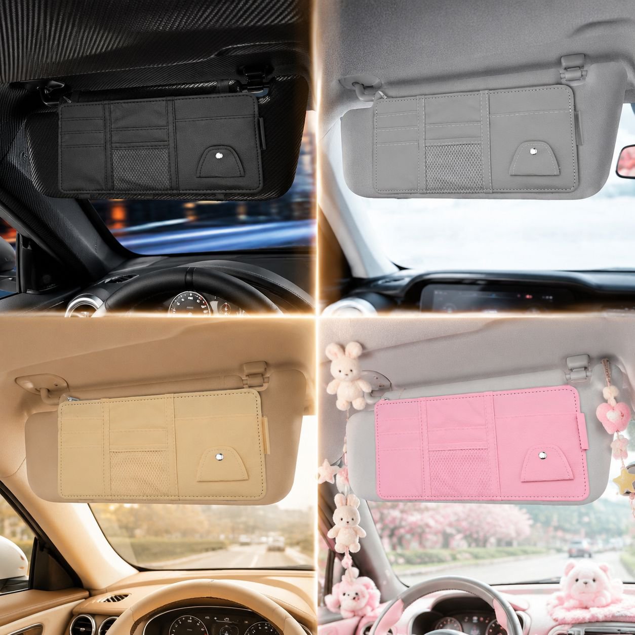 車のサンバイザーに取り付ける多機能収納クリップ。メガネクリップ、サングラスクリップ、運転免許証、領収書、名刺などを収納できるボックス。