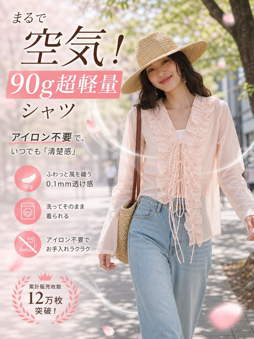 Monolly 累計12万枚突破・清楚系超軽量フリルシャツ | 今年の夏の大本命