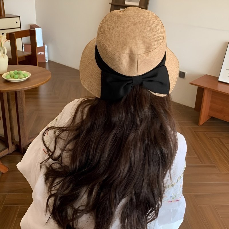 夏季女用日式棉麻蝴蝶結漁夫帽，輕盈透氣