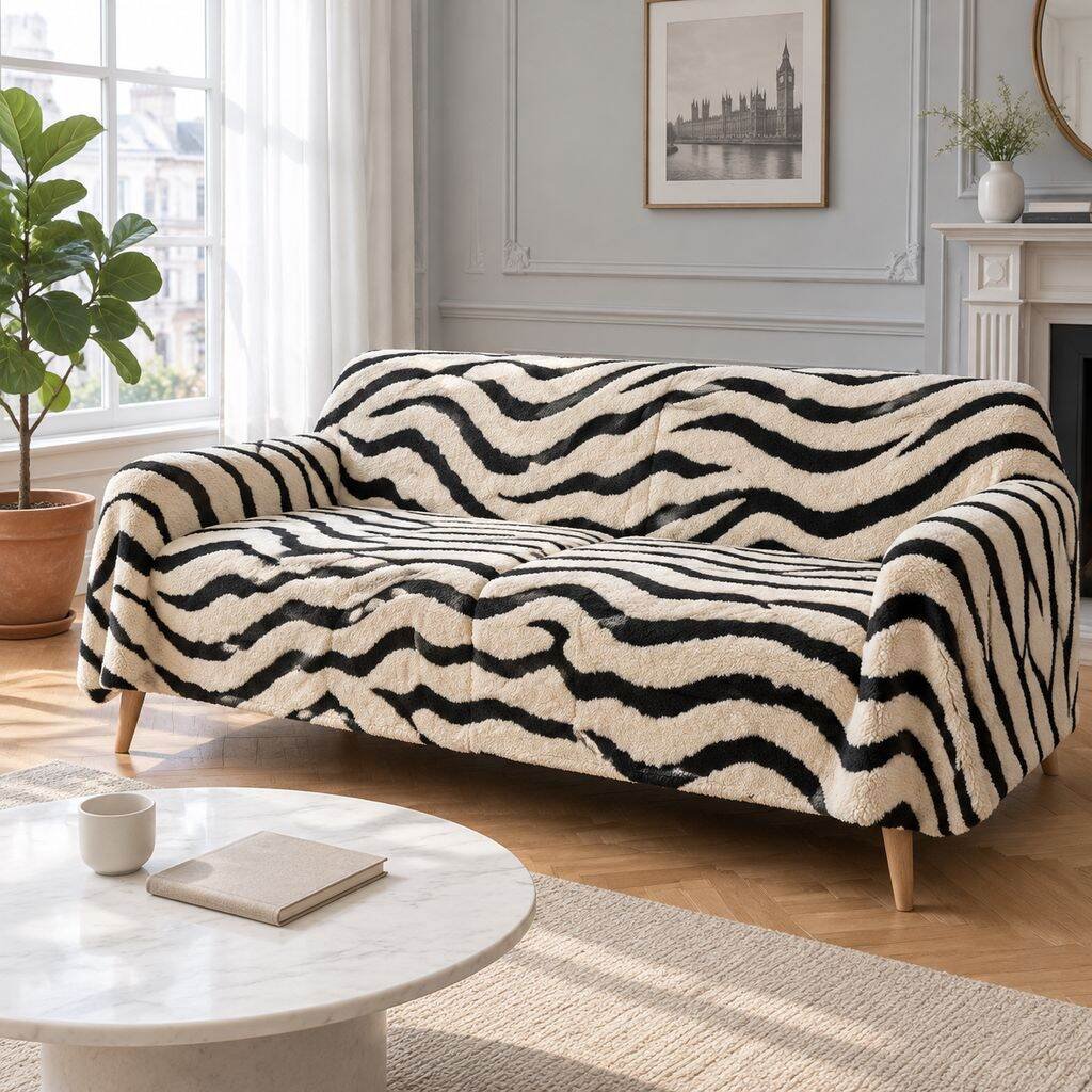 Plush Zebra Pattern Sofa Throw Blanket Full Coverage Couch Slipcover
