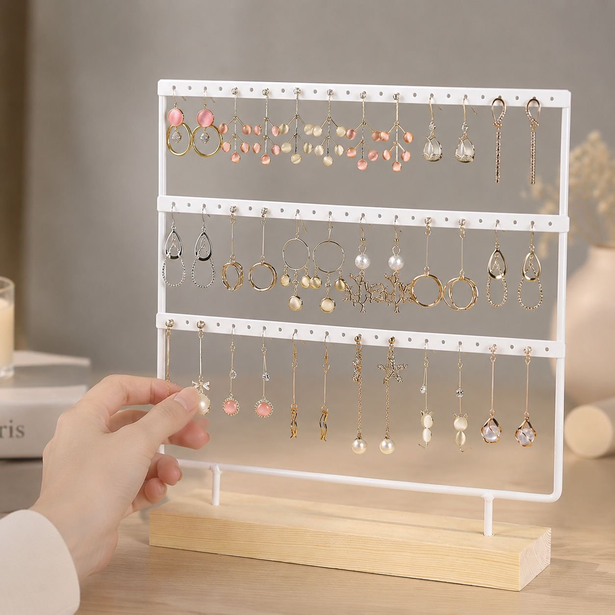 Home Earring Storage Rack, Solid Wood and Wrought Iron Jewelry Display Stand