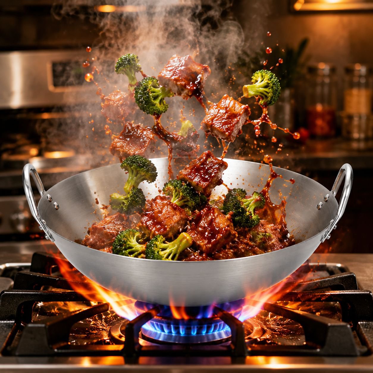 Large stainless steel double ear frying pan for restaurants