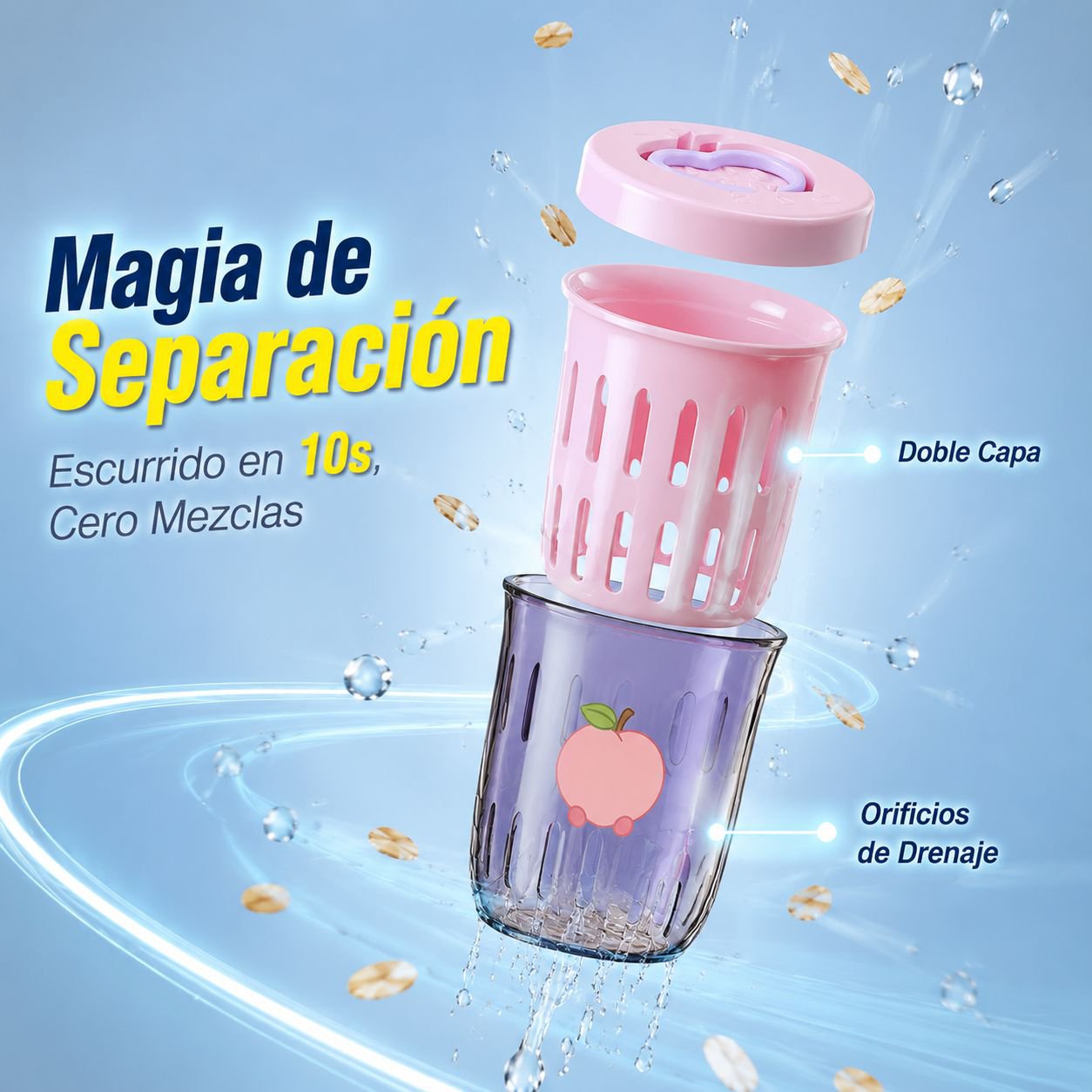 Vaso de ensalada de frutas con colador, portátil y con cuchara, diseño atractivo