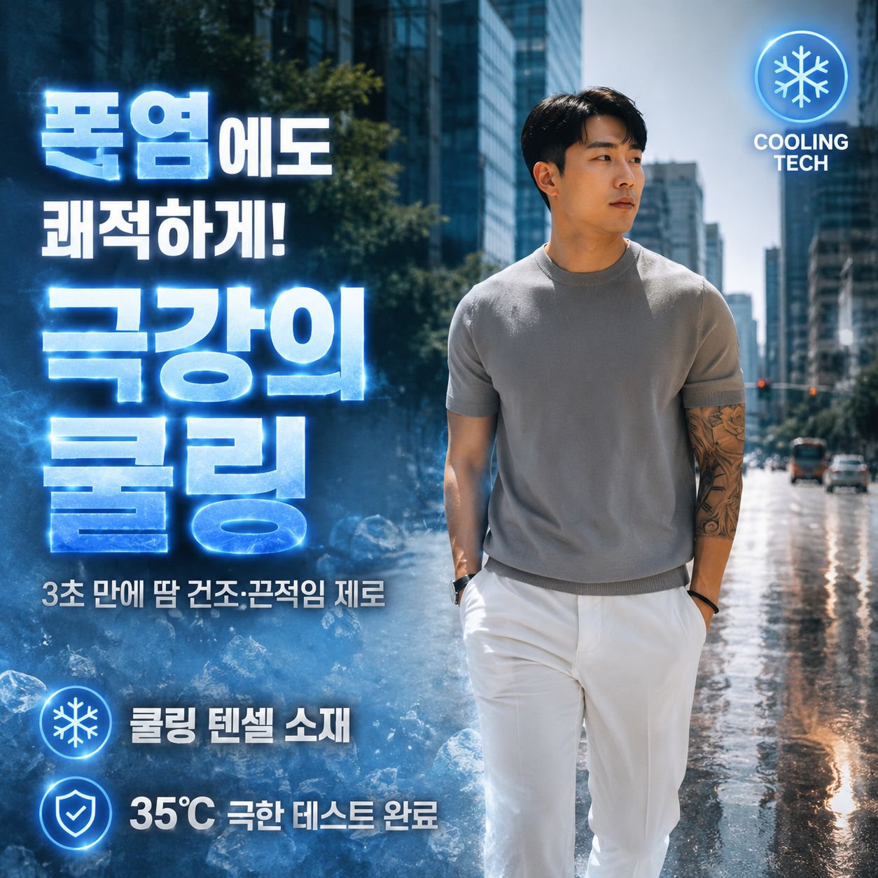 텐셀 남성 쿨링 통기성 슬림 반팔 하이넥 티셔츠