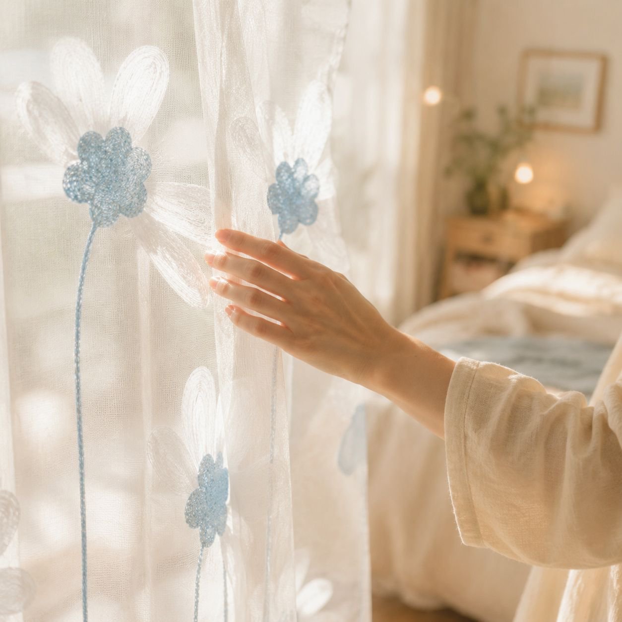 Living room window decorated with chrysanthemum sheer curtain