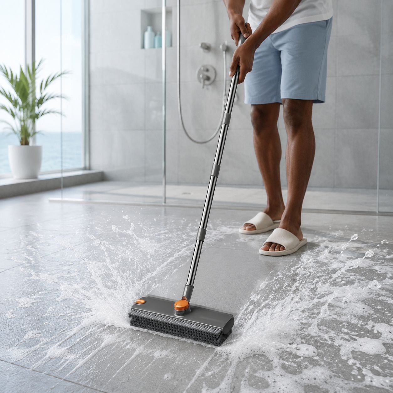 Ergonomic handle on 360-degree floor brush