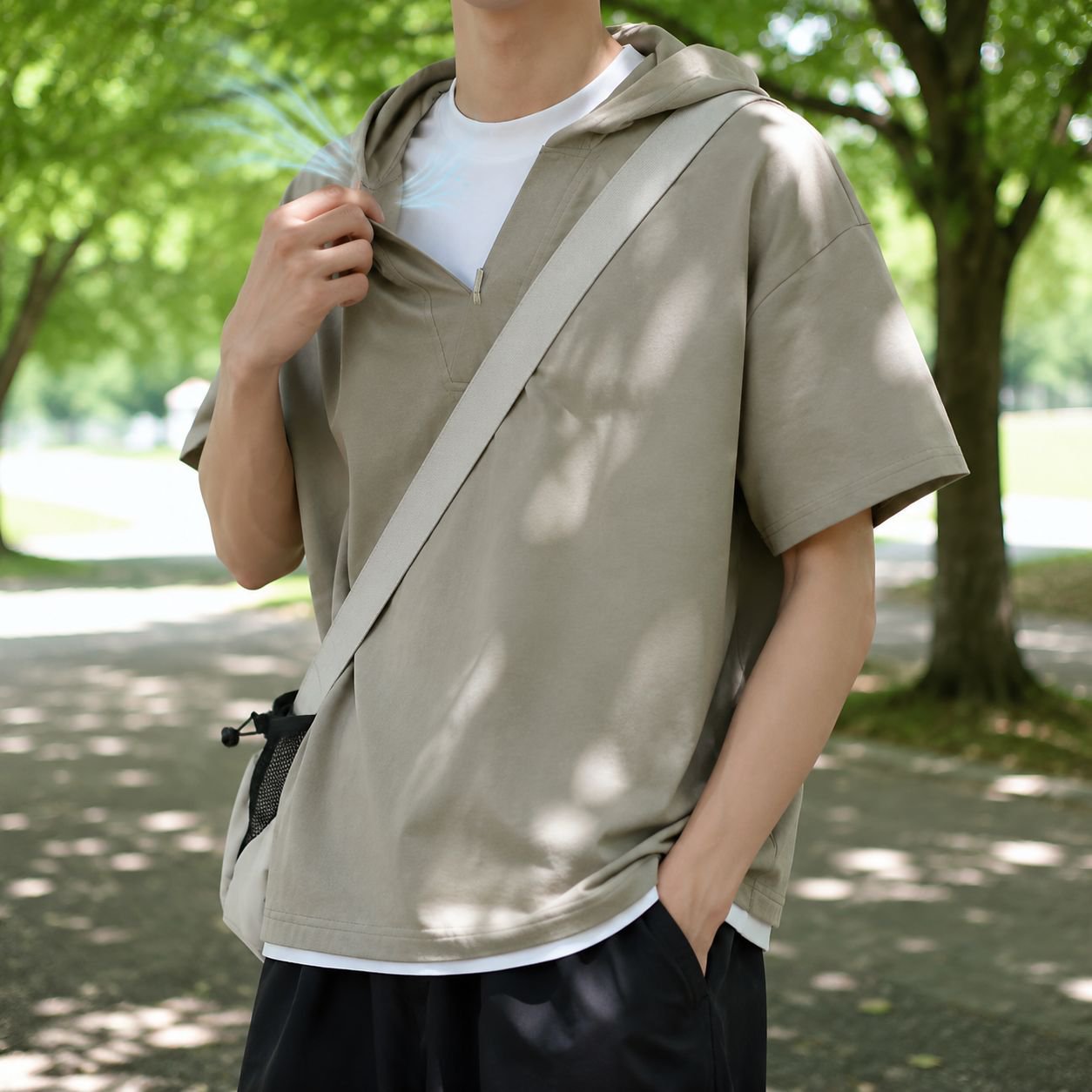 メンズゆったりストリートレイヤード風フード付き半袖Tシャツ正面画像