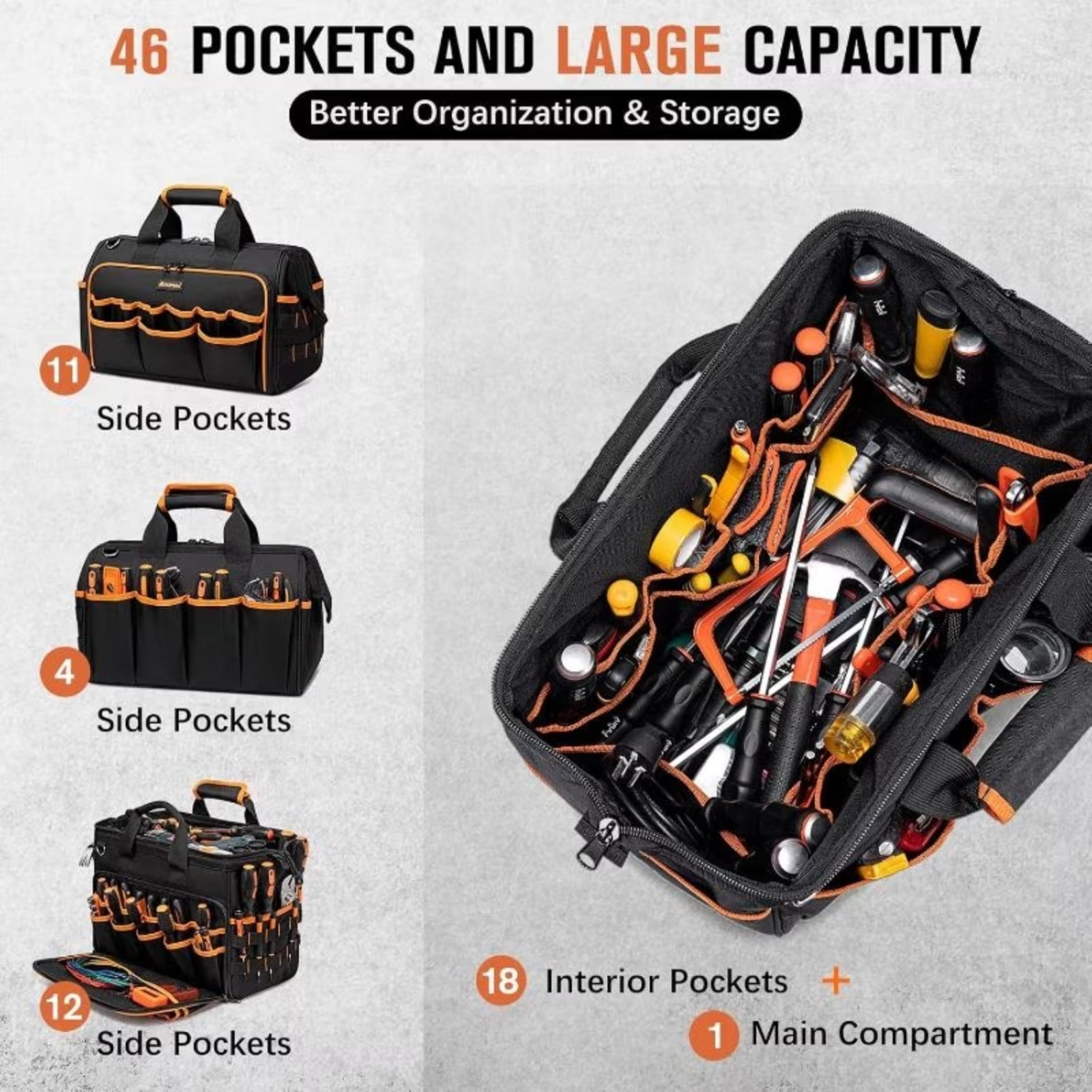 17-inch Heavy Duty Electrician Bag for Men, Foldable Wide-Mouth Storage Bag with Adjustable Shoulder