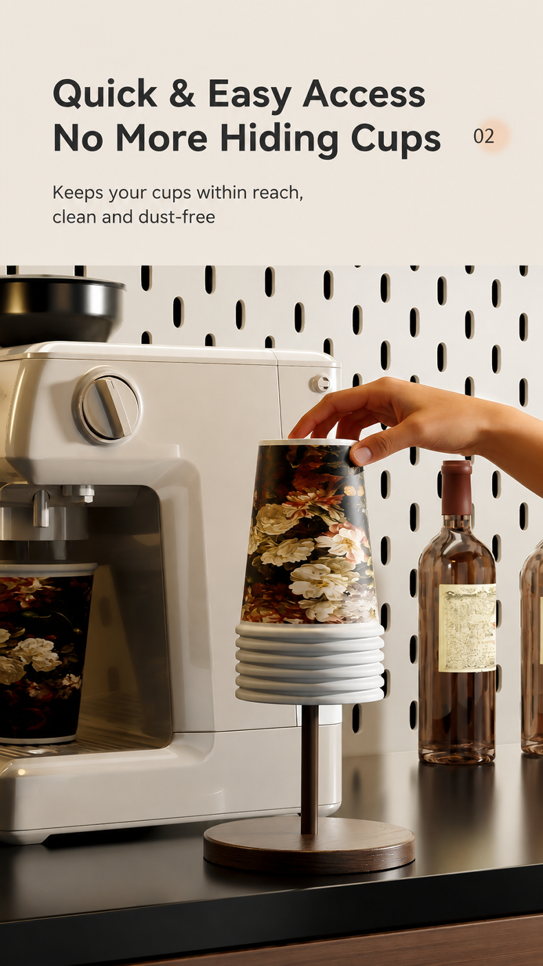 Solid wood cup holder for storing disposable paper cups