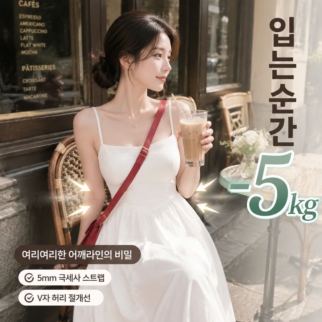 신상 프렌치 화이트 슬리브리스 허리 슬림 원피스