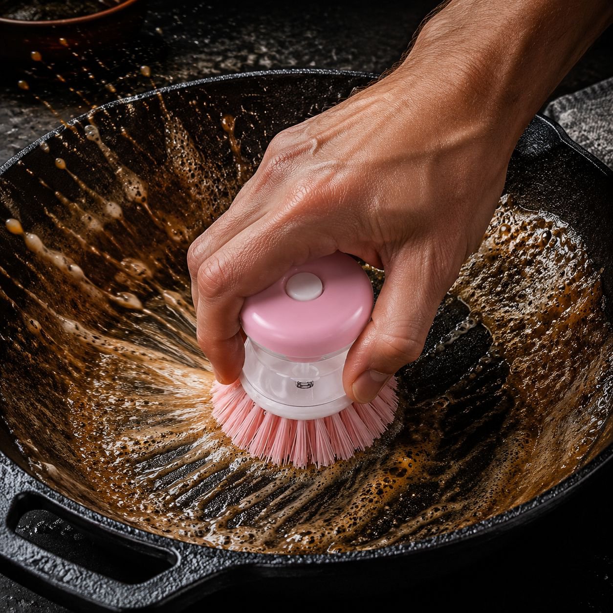 Cleaning pots and pans with multi-functional brush