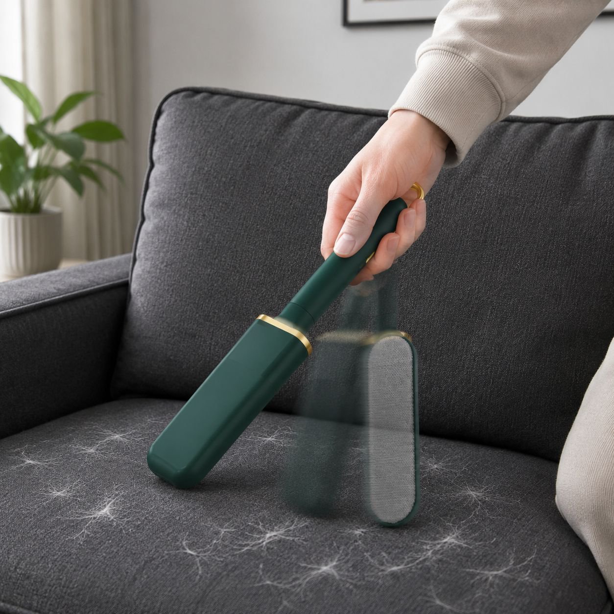 Portable lint roller brush removing lint from shirt