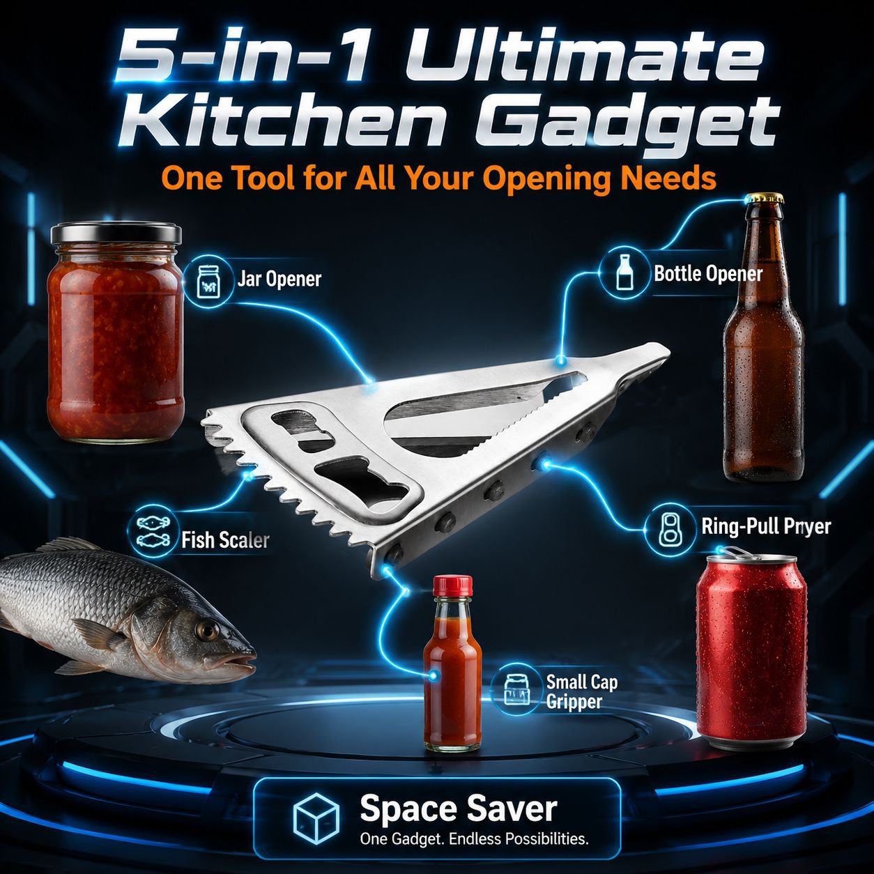 Kitchen Multi-purpose Lid Opener and Cap Twister with Fish Scale Scraper