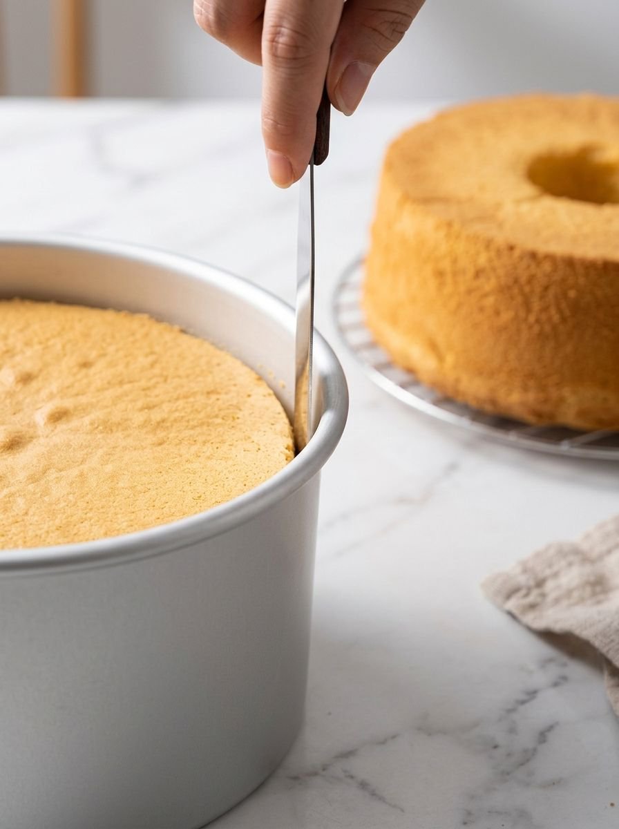 Spreading butter on cake with stainless steel spatula