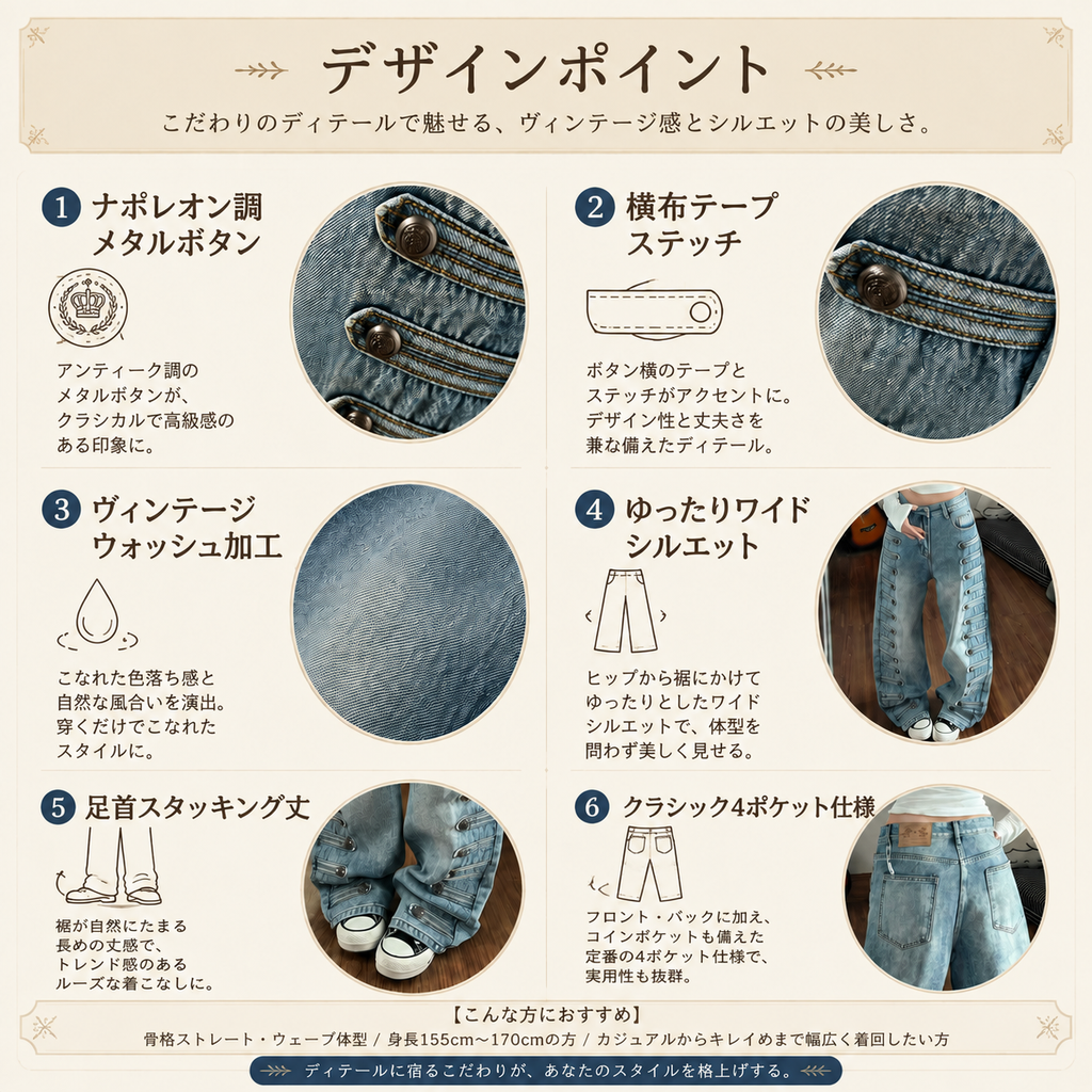 美式拿破仑宫廷风牛仔裤女新款金属扣小众设计感宽松弯刀阔腿长裤