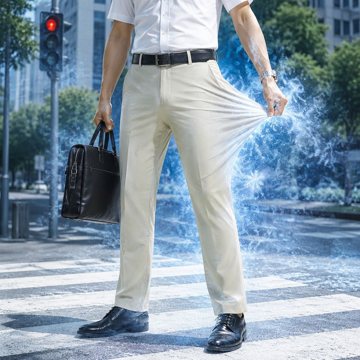 夏用薄手メンズドレスパンツ、ゆったりストレートレッグ、しわになりにくく、通気性に優れ、ドレープ感のあるビジネスカジュアルパンツ